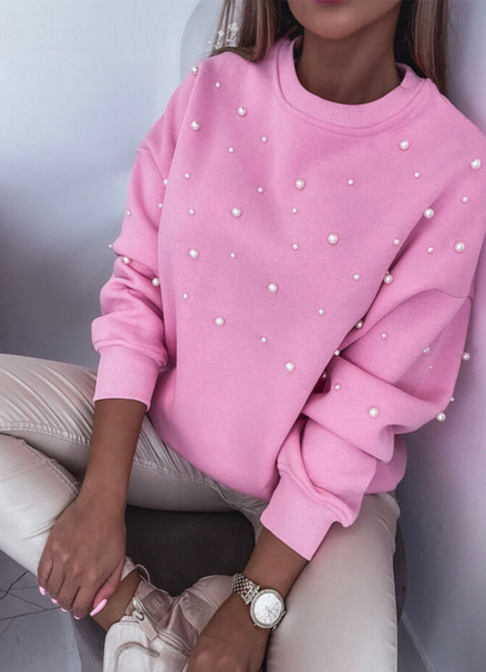 Pearl Detail Ribbed Crew Neck Sweatshirt