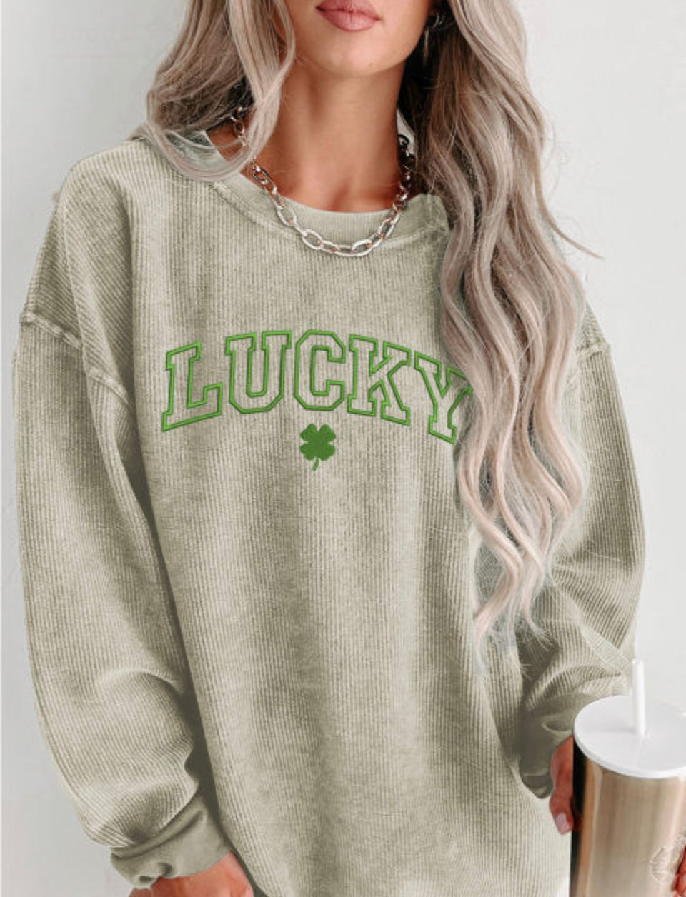 LUCKY Embroidered Corded Crewneck Sweatshirt