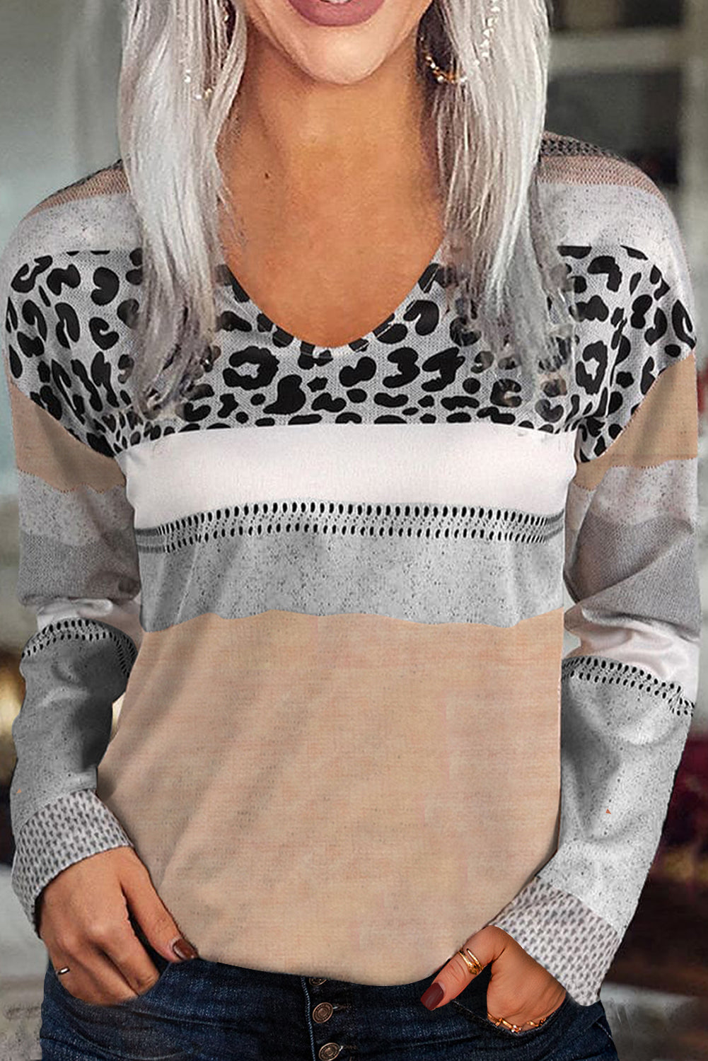 Clothes Leopard Color Block V Neck Top