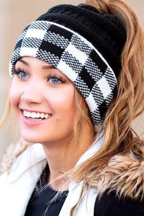 Black Buffalo Print Knit Beanie