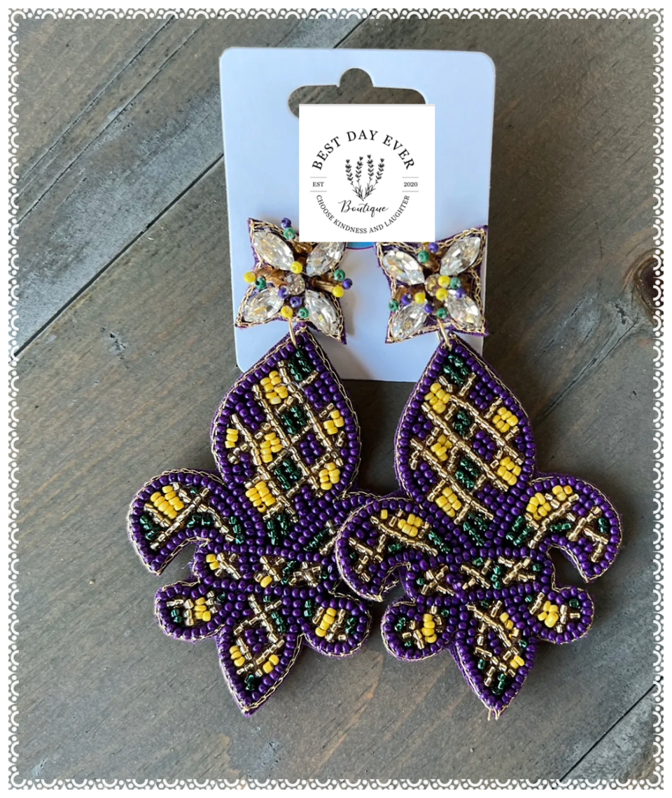 Earrings Mardi Gras Fleur De Lis Seed Beaded