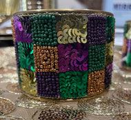 Mardi Gras Checker Seed Bead Sequin Cuff Bangle